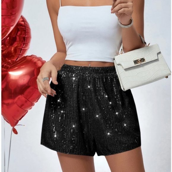 Pants - Black Sequin High Waist Shorts